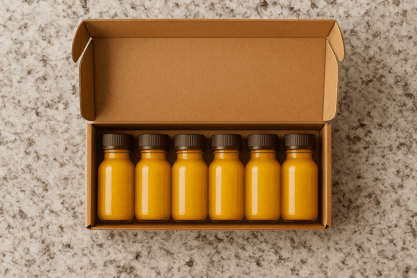 SassyShot subscription box - topdown view showing bottles and packaging